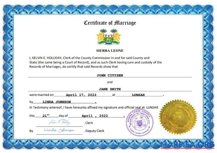 Realistic Sierra Leone marriage certificate Word and PDF template